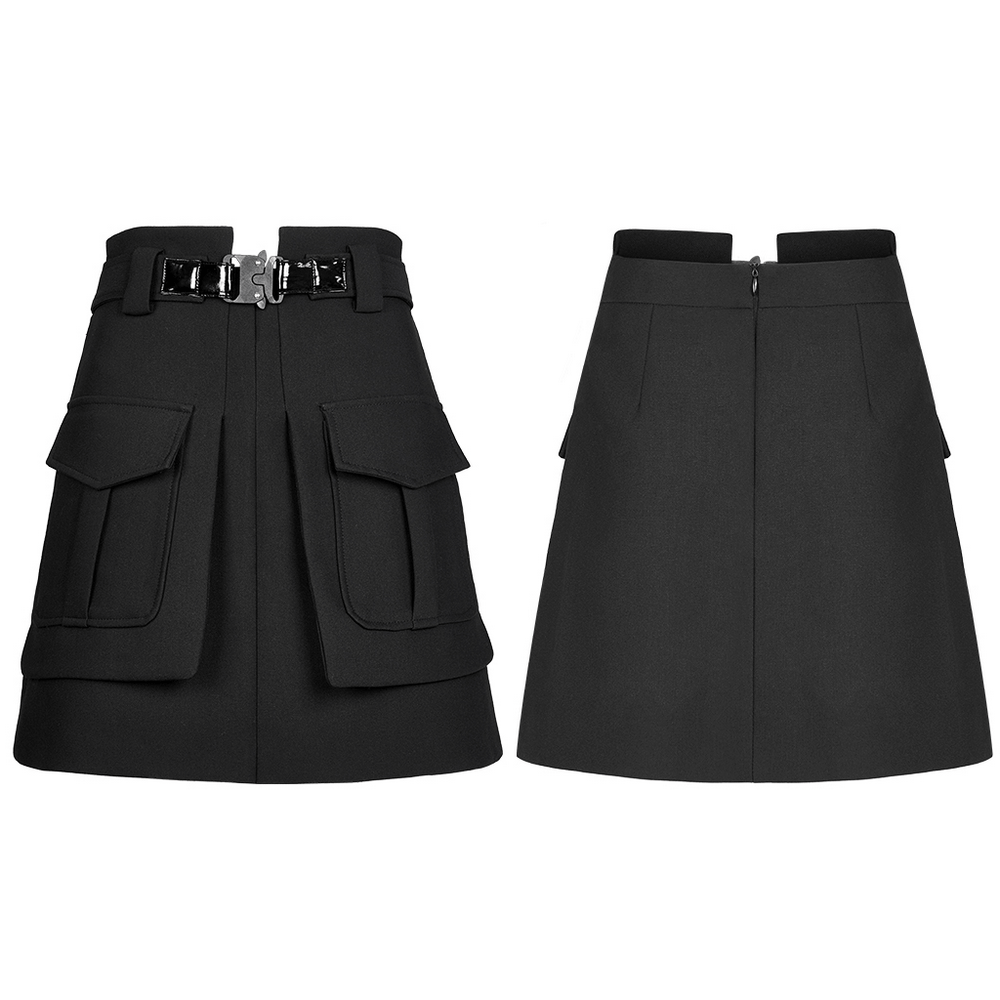Trendy black A-line skirt with buckle and pockets for a chic, modern look.