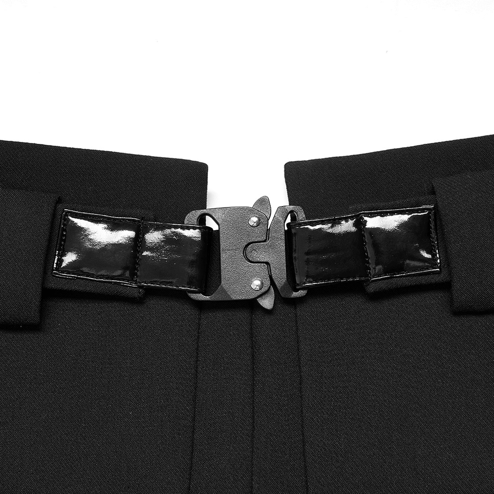 Close-up of a stylish black high-waist skirt buckle for a chic modern look.