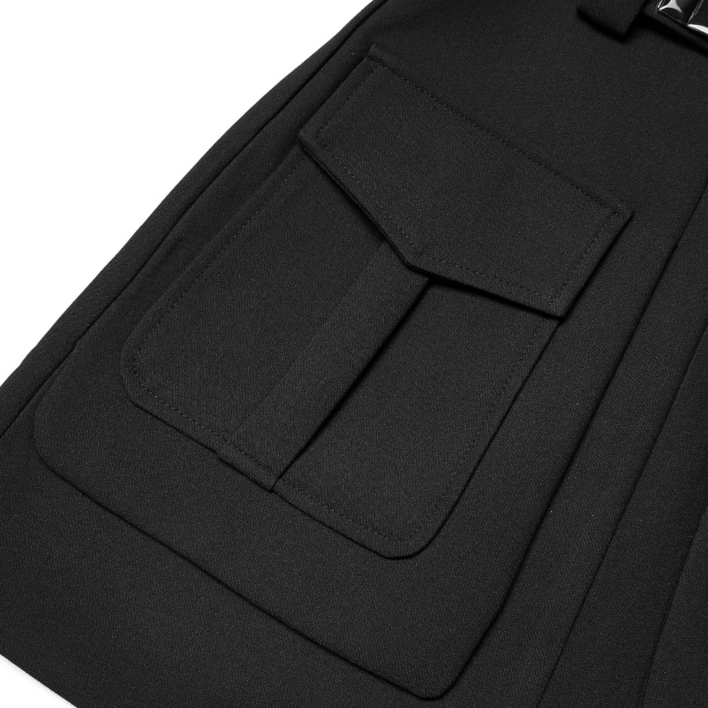 Close-up of black A-line skirt pocket showcasing modern design and practical details.