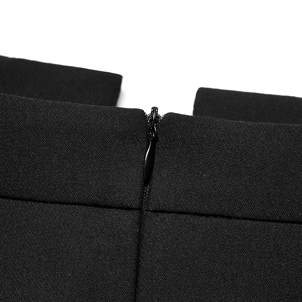 Close-up of zipper on fashionable A-line skirt, showcasing quality craftsmanship and modern design.