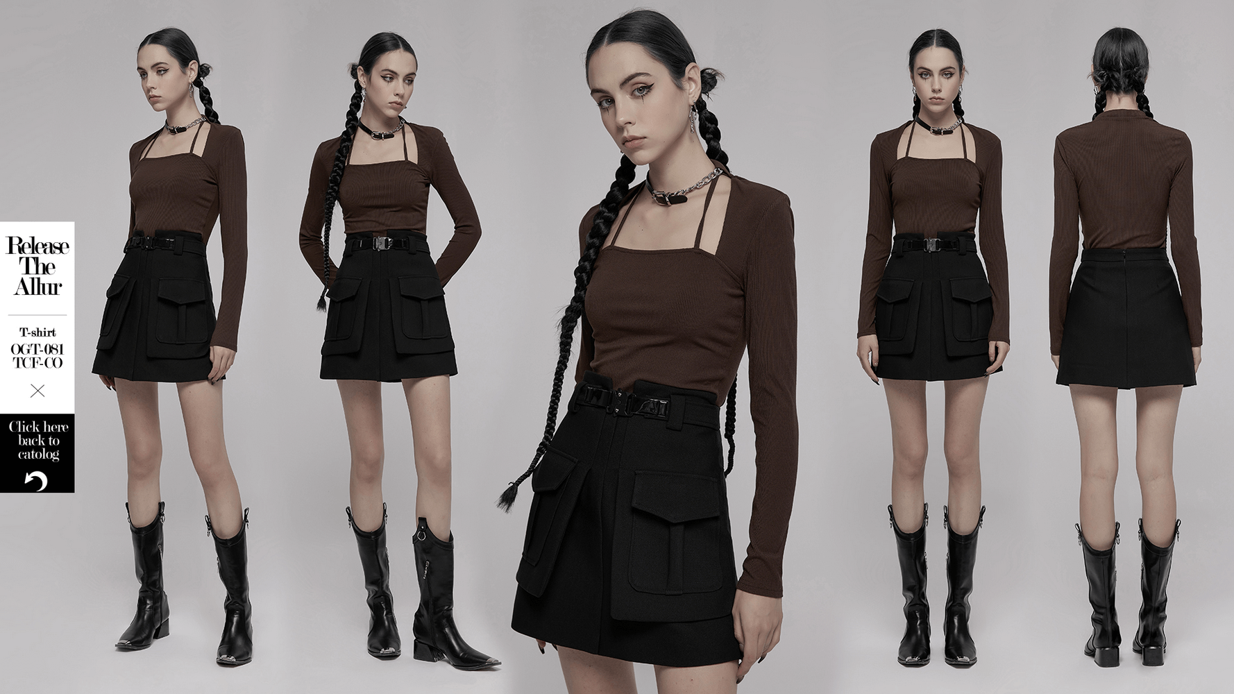 Trendy high-waist A-line skirt with buckle and side pockets, styled with a chic top and knee-high boots.