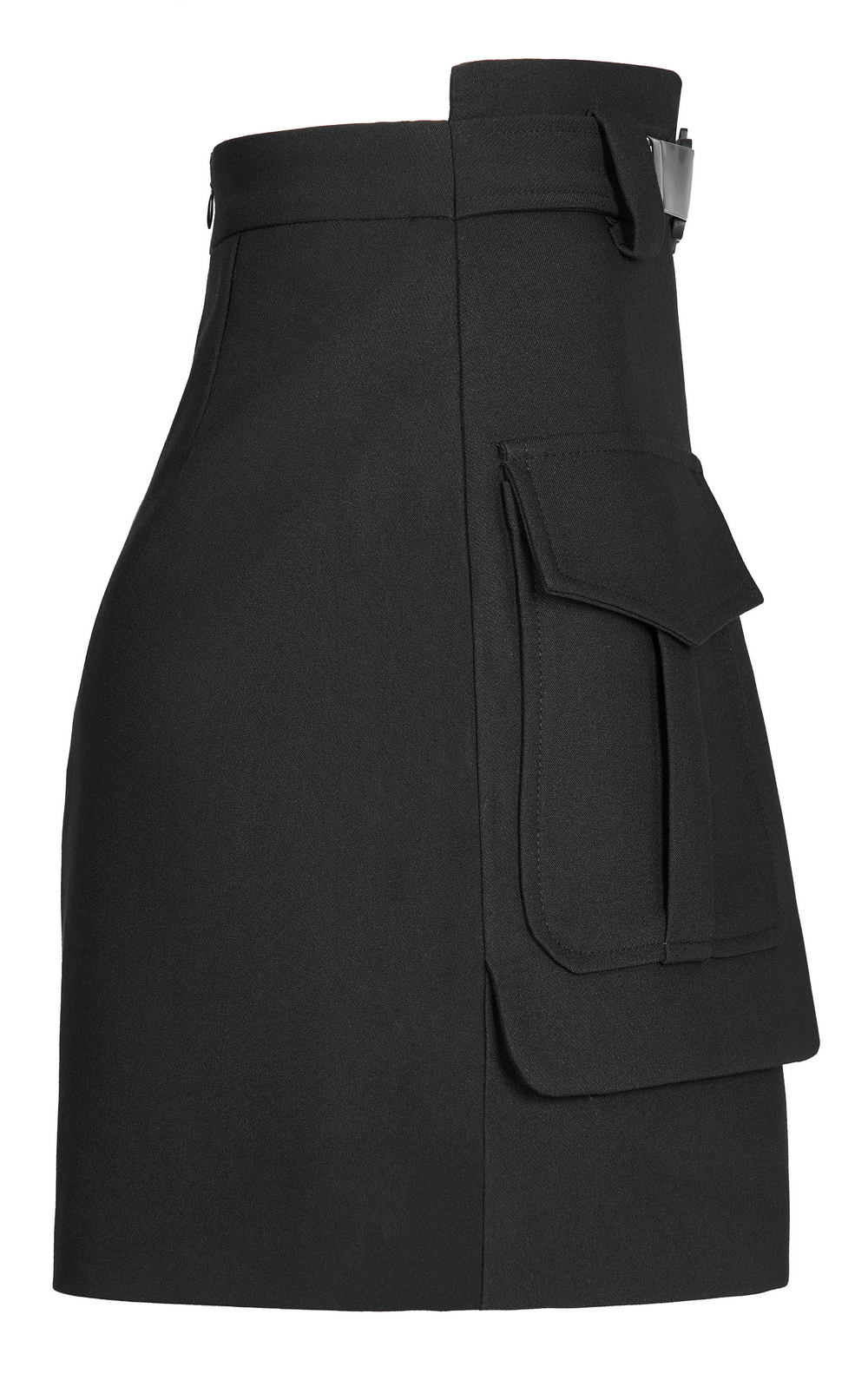 Fashionable high-waist A-line skirt in black with eye-catching buckle and stylish organ pocket design.