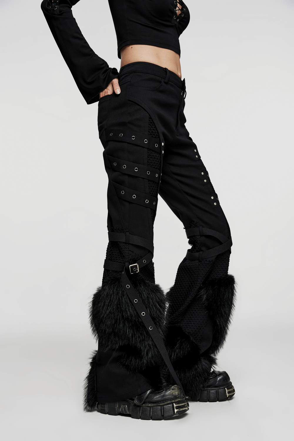 Punk straight pants with faux fur trim and mesh details, featuring a modern split design for edgy style. Perfect for urban fashion.