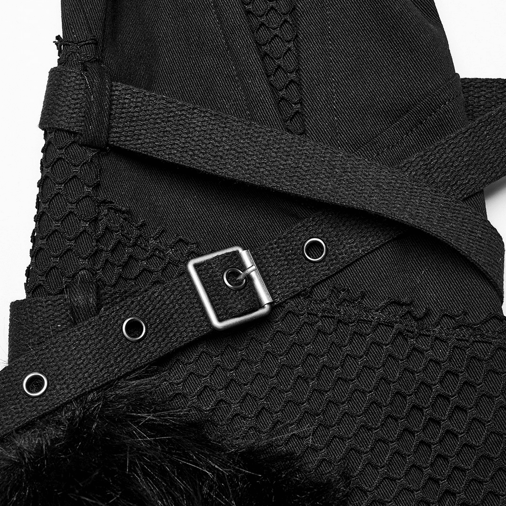 Close-up of punk straight pants featuring faux fur trim and mesh detailing with adjustable strap and buckle.