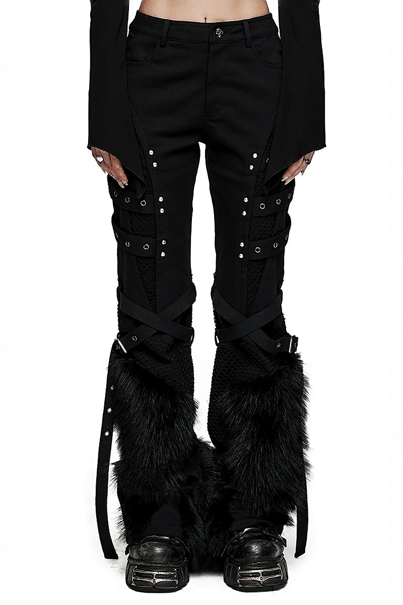 Faux fur trimmed punk straight pants with mesh detailing and edgy strap design for a bold urban look.