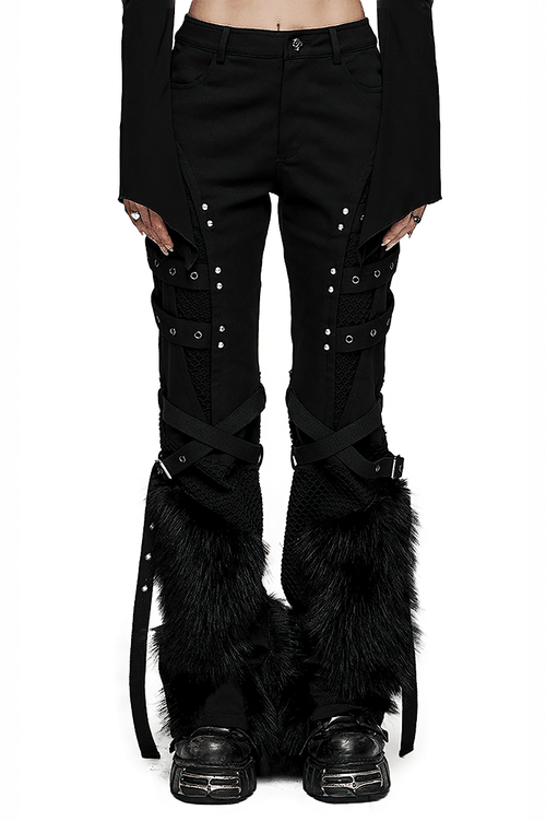 Gerade Punk-Hose mit Kunstpelzbesatz und Mesh
