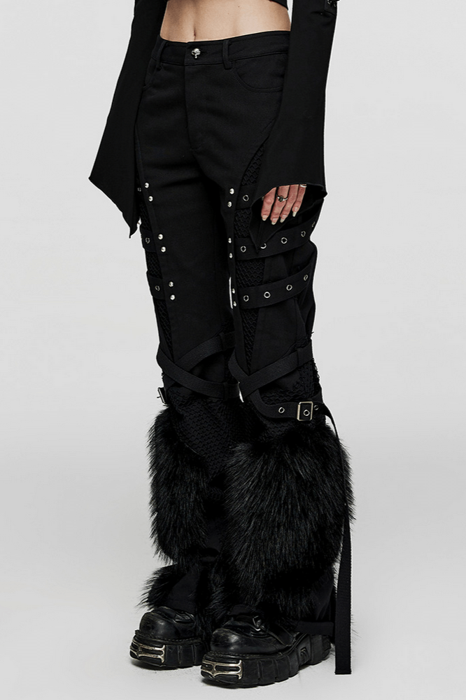 Punk straight pants with faux fur trim, mesh details, and edgy design for urban fashion enthusiasts.