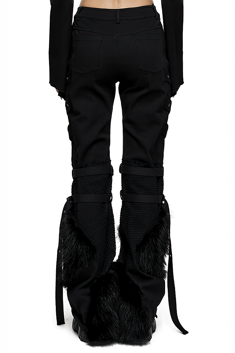 Back view of punk straight pants with faux fur trim and mesh detailing, perfect for edgy urban style.