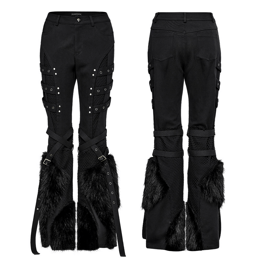 Faux fur trimmed punk straight pants with mesh detailing, showcasing edgy design and modern split silhouette.