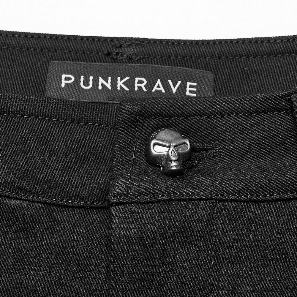 Close-up of Punkrave pants showing skull button detail on waistband, perfect for urban punk style.
