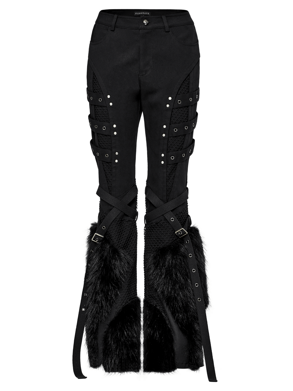 Faux fur trimmed punk straight pants with mesh, edgy urban style, featuring adjustable knee loops and a bold design.