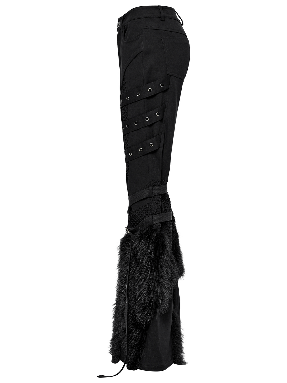 Side view of punk straight pants with faux fur and mesh detailing, perfect for edgy urban fashion.