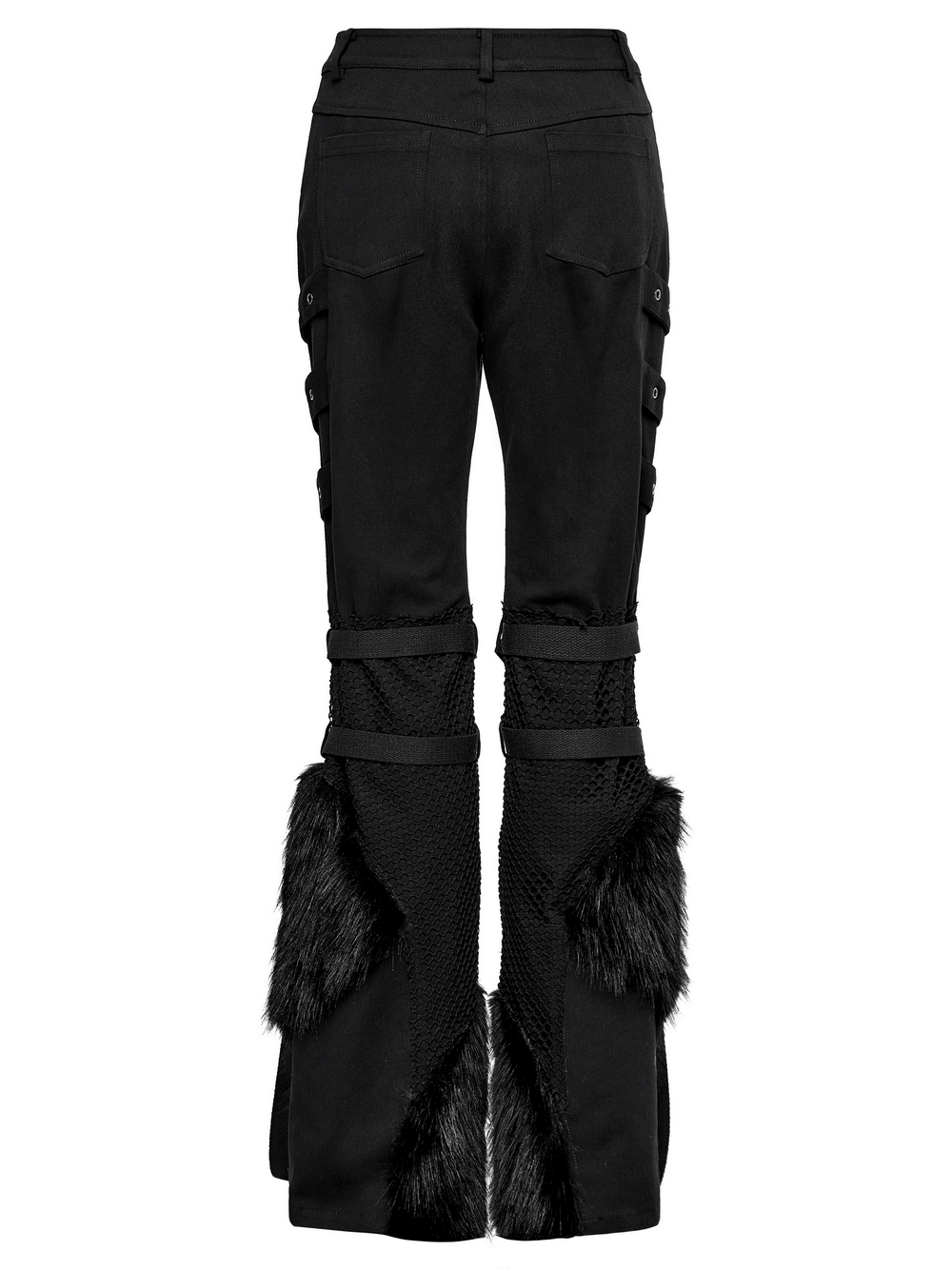 Stylish black punk straight pants with faux fur trim and mesh detail, showcasing a modern edgy silhouette.