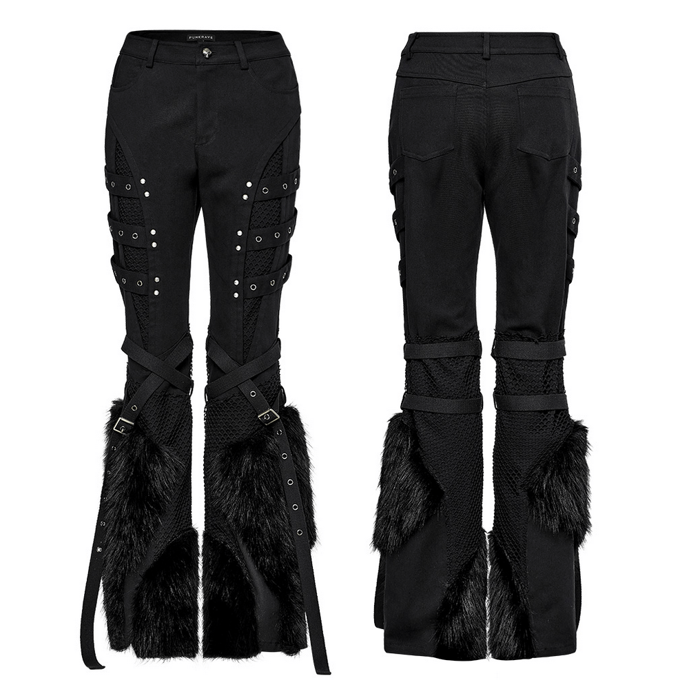 Faux Fur Trimmed Punk Straight Pants with Mesh