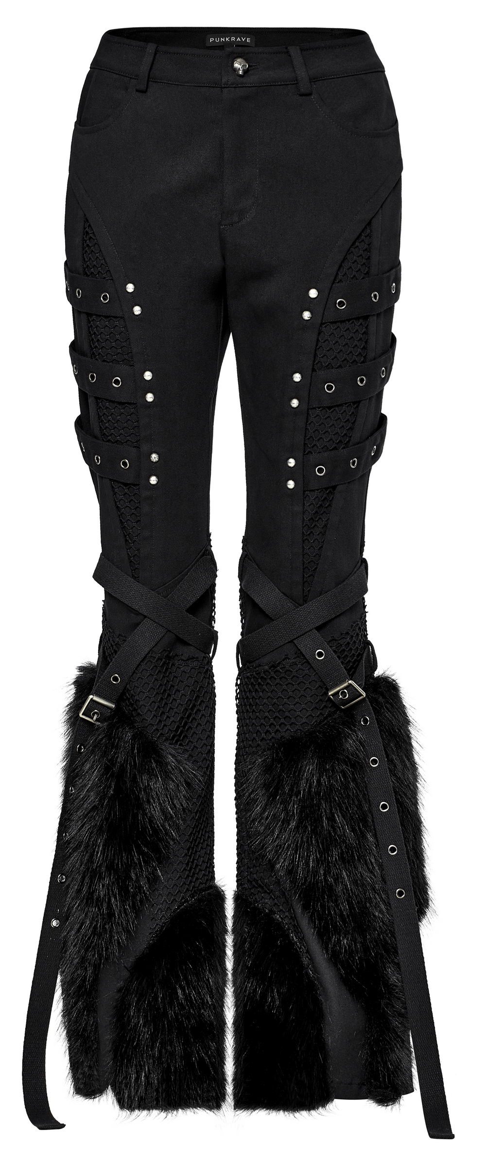 Faux Fur Trimmed Punk Straight Pants with Mesh - HARD'N'HEAVY