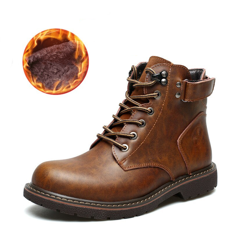 Faux leather ankle motorcycle boots for men in brown, featuring stylish laces and durable design for a vintage look.