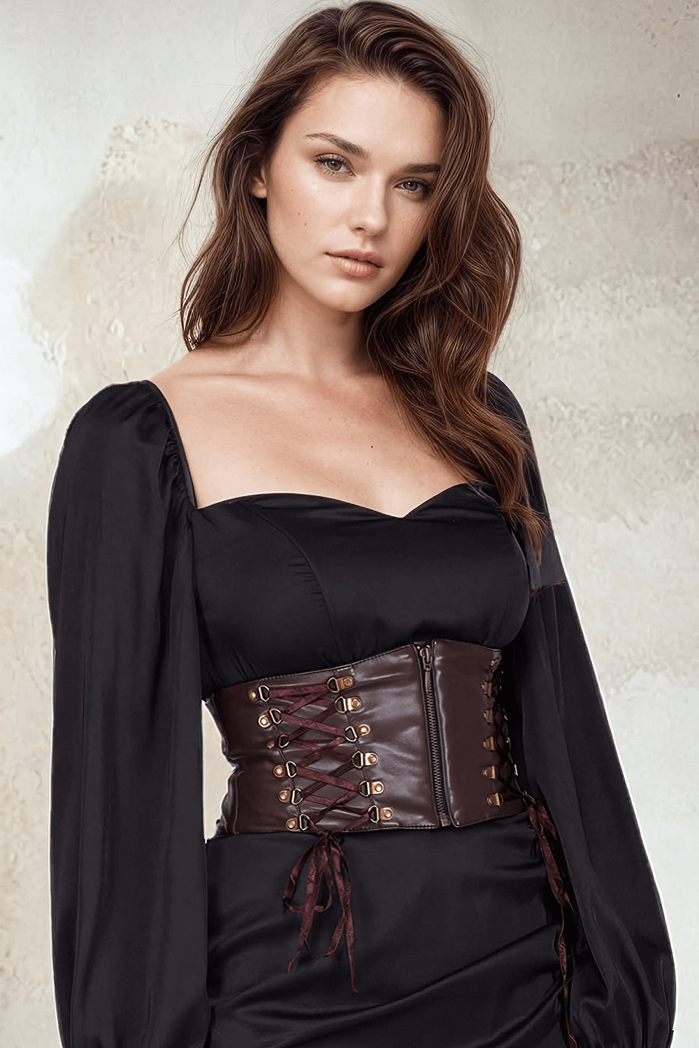 Elegant woman in black dress wearing adjustable faux leather Bessy corset belt for improved posture and style.