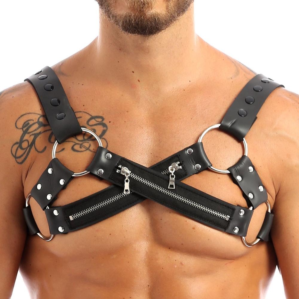 Men's gothic faux leather chest harness with zippers, featuring o-rings and metal decor for a bold, edgy look.