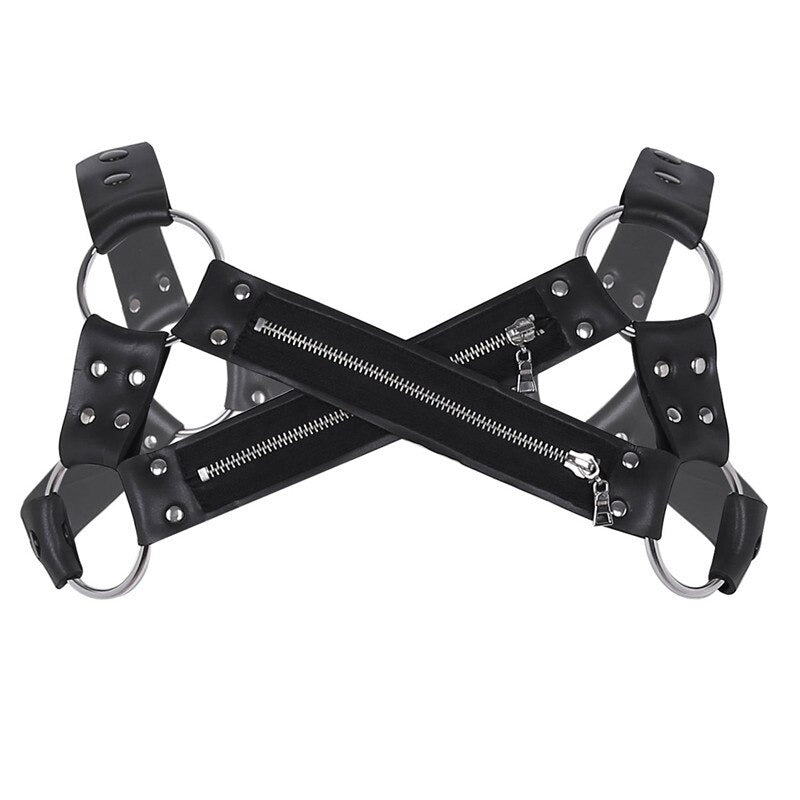 Faux leather chest harness for men with zippers and metal o-rings, ideal for gothic and bondage fashion.