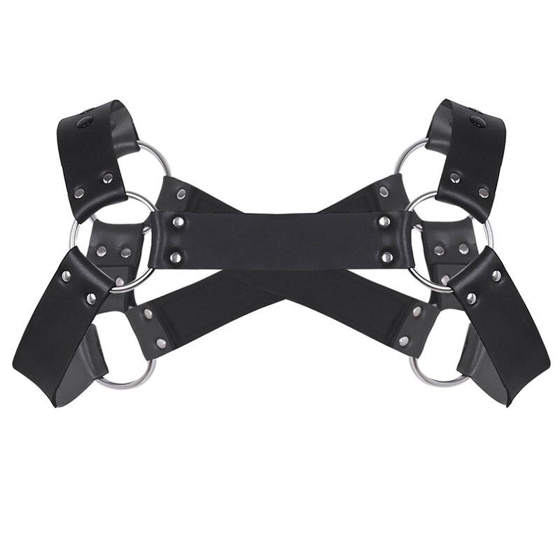 Men's faux leather body harness with gothic design, featuring zippers, o-rings, and belts. Ideal for gothic fashion and cosplay.