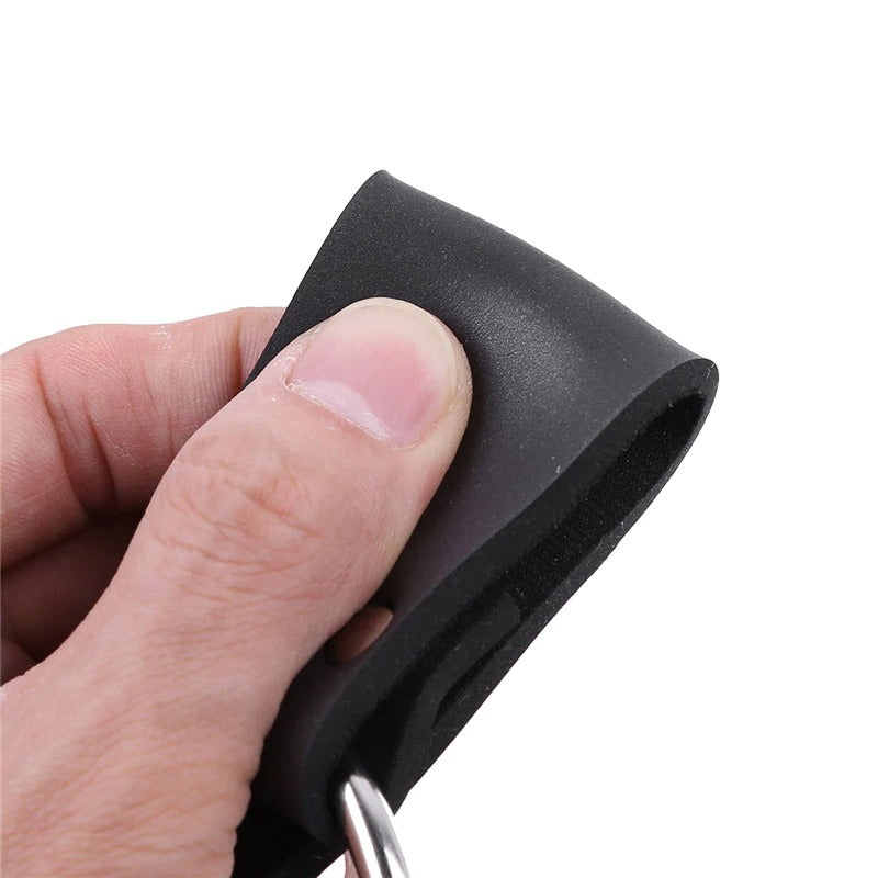 Close-up of a hand gripping a soft faux leather strip for a body harness, showcasing its texture and design.