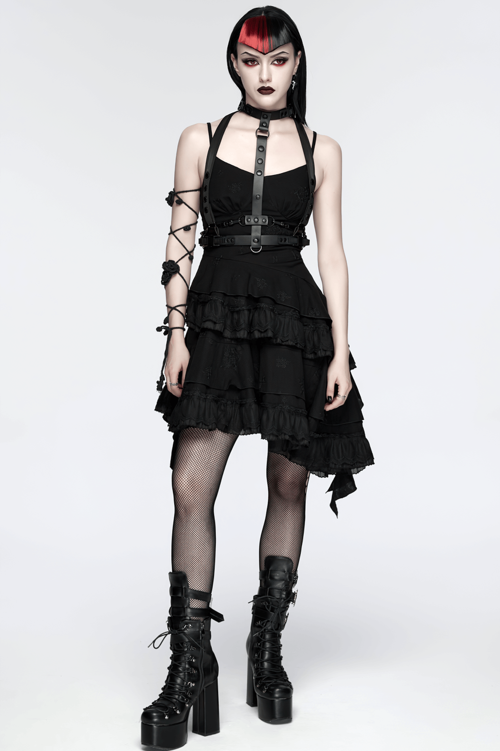 Faux Leather Cyberpunk Skeleton Harness with Chains worn by model in a striking punk-inspired outfit.