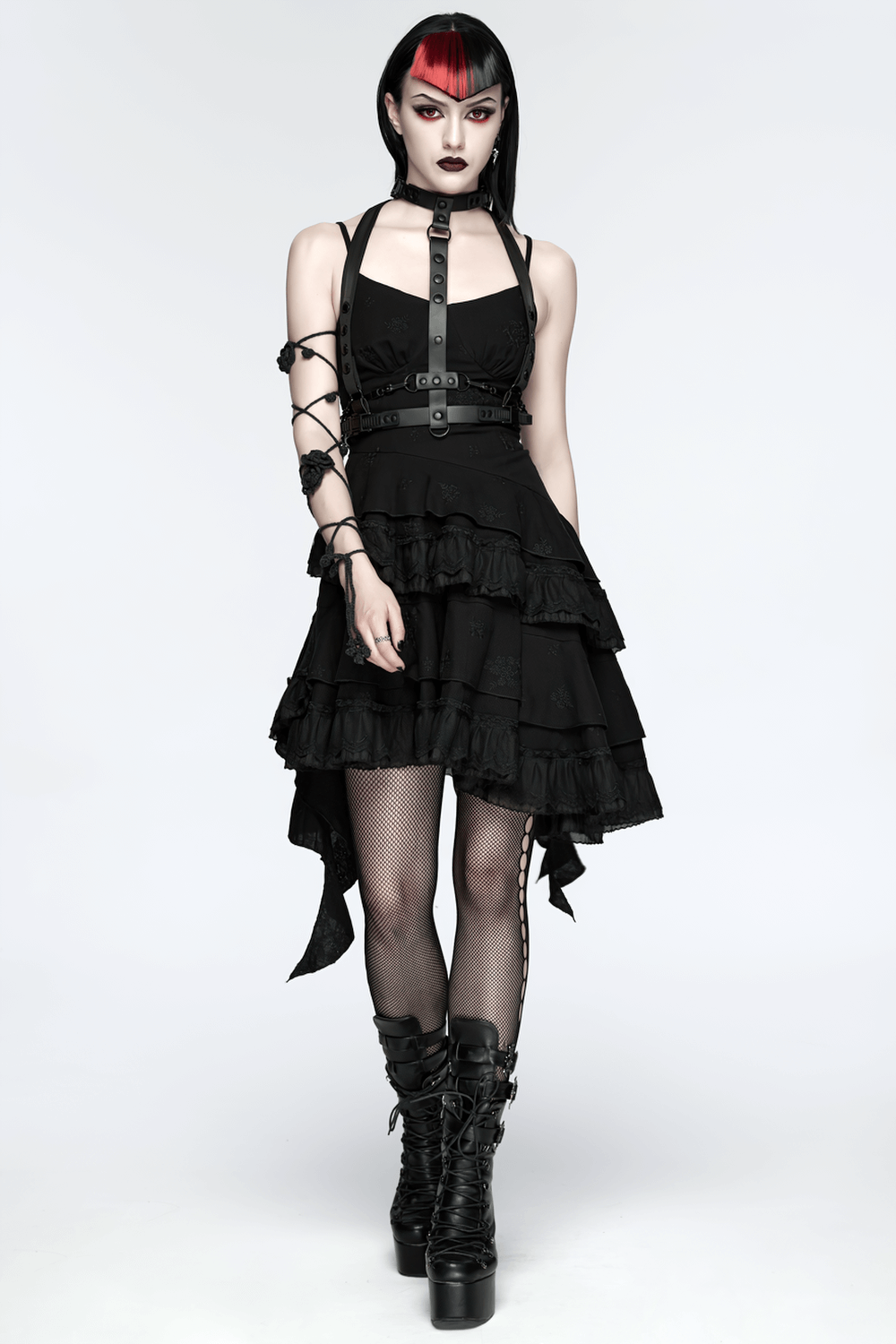 Faux Leather Cyberpunk Skeleton Harness with Chains worn by a model, showcasing a bold punk style outfit.