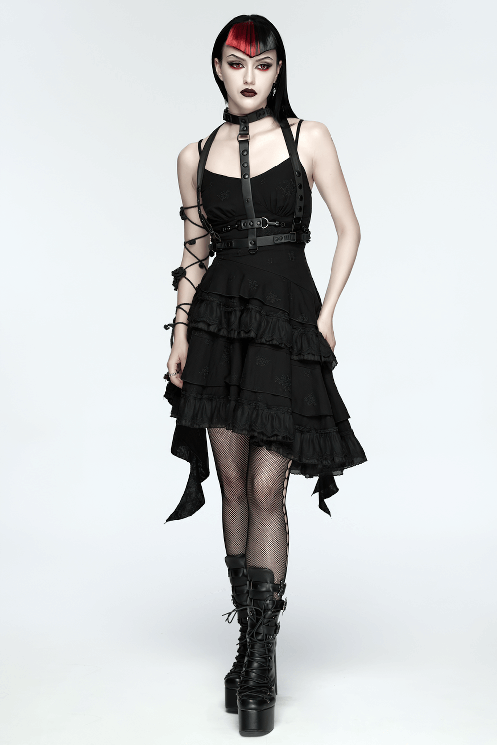 Faux Leather Cyberpunk Skeleton Harness with Chains worn with stylish punk dress and edgy accessories.
