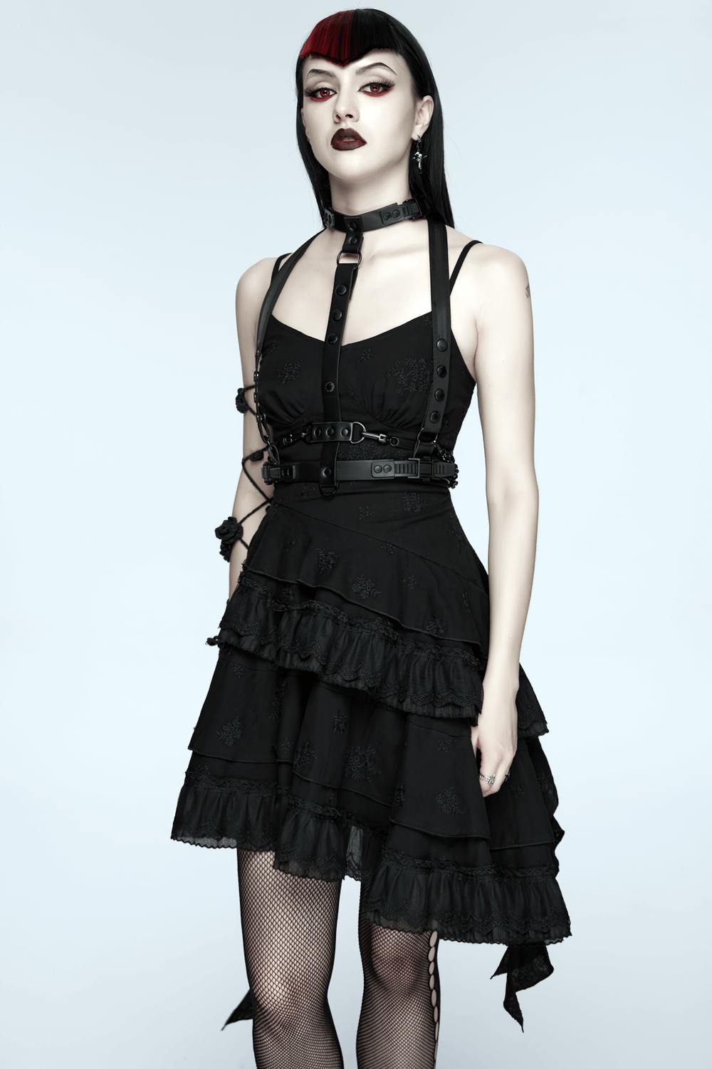 Faux Leather Cyberpunk Skeleton Harness with Chains worn by model, showcasing edgy punk style and bold design.