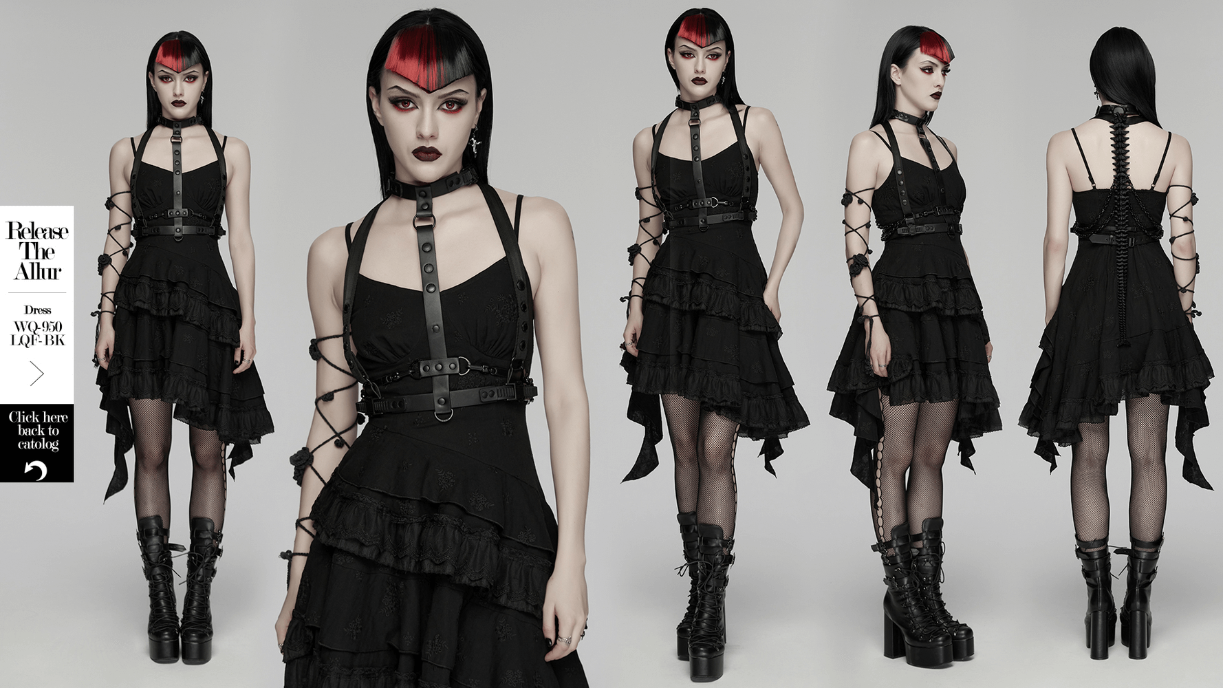 Faux Leather Cyberpunk Skeleton Harness with Chains worn over a black layered dress, showcasing edgy punk style.