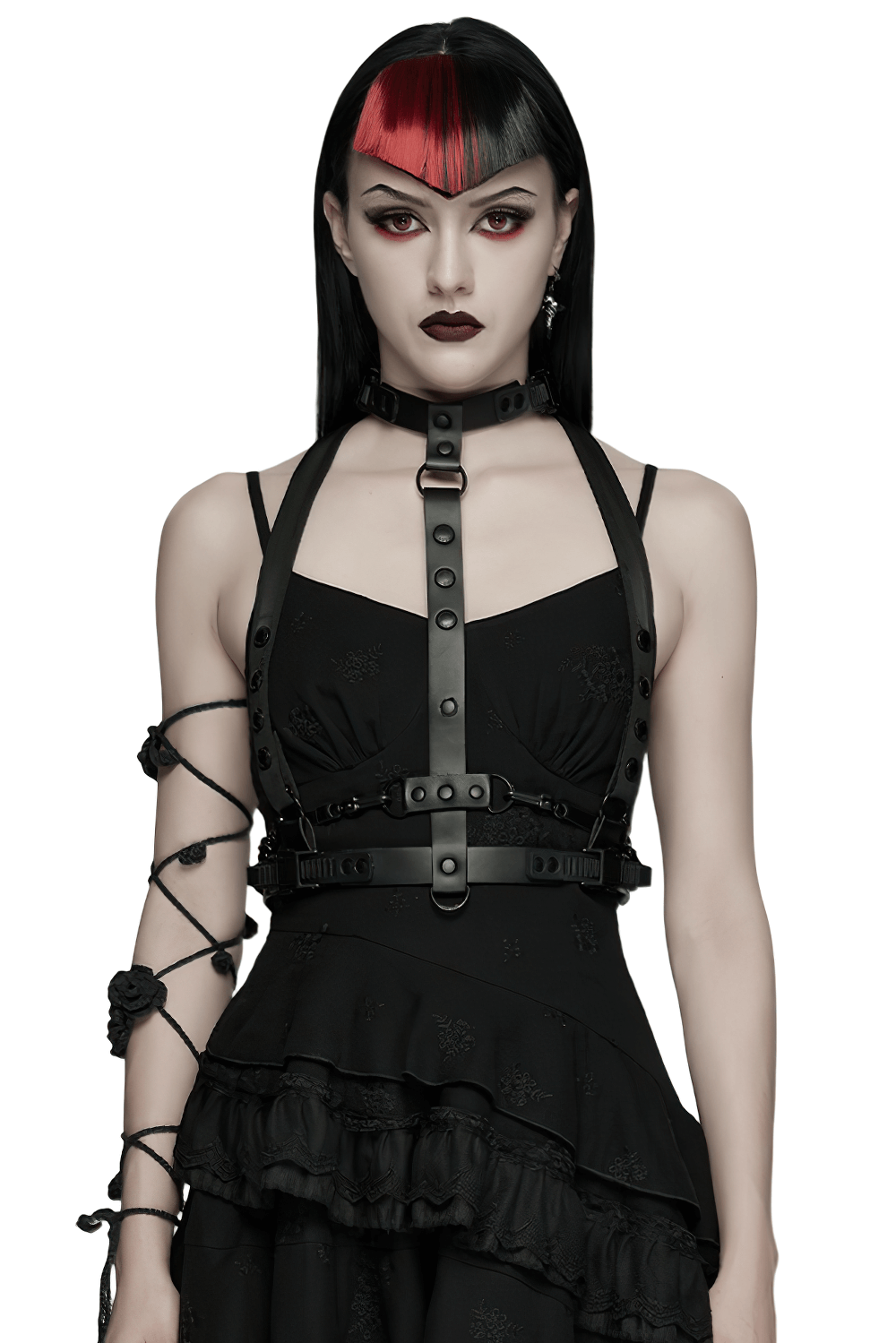 Faux Leather Cyberpunk Skeleton Harness with Chains worn by a model with edgy makeup and hairstyle.