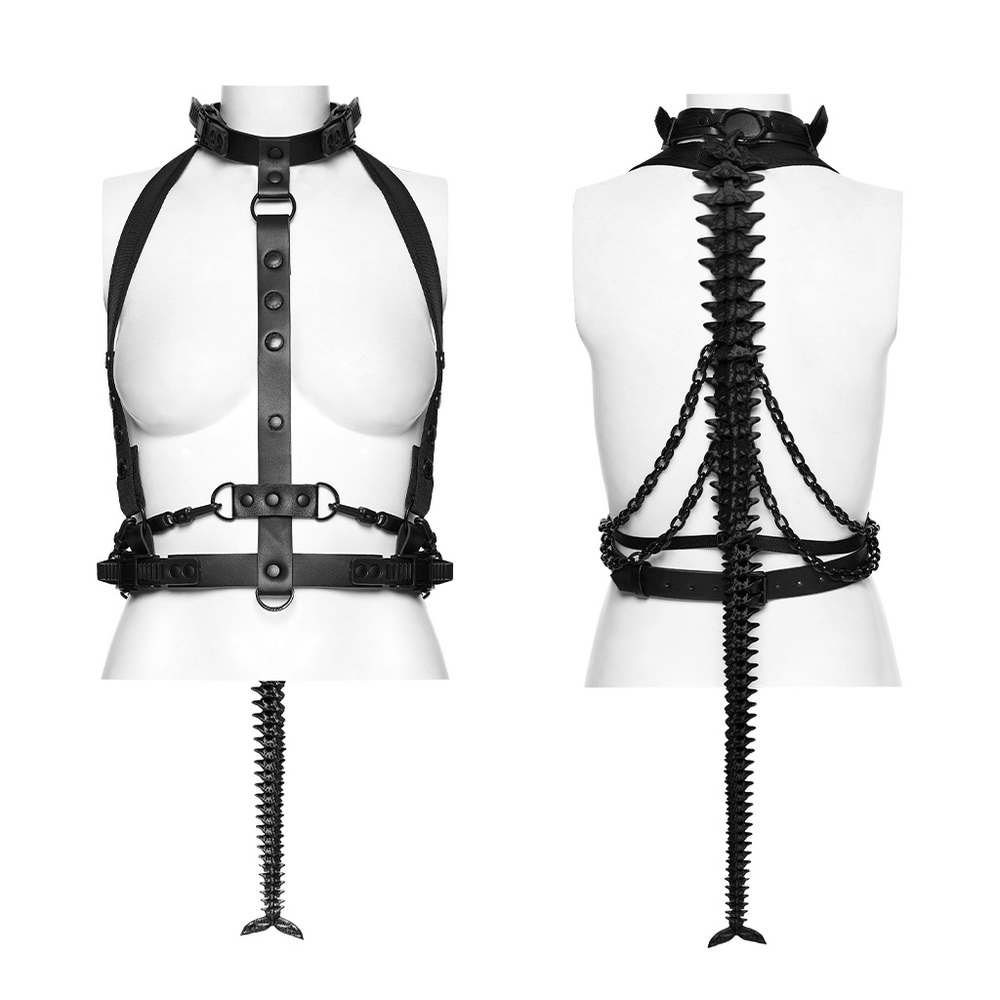 Faux Leather Cyberpunk Skeleton Harness with Chains showcasing edgy design and rugged hardware for punk style.