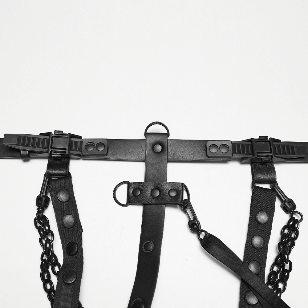 Faux Leather Cyberpunk Skeleton Harness with Chains showcasing rugged buckles and dynamic chains for a bold punk style.