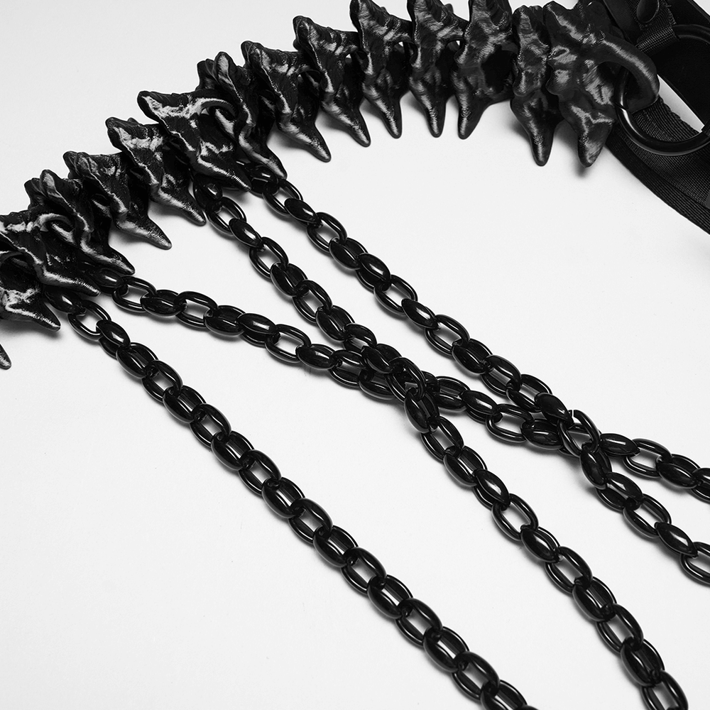 Faux Leather Cyberpunk Skeleton Harness with Chains showcasing bold bone decorations and dynamic chains.