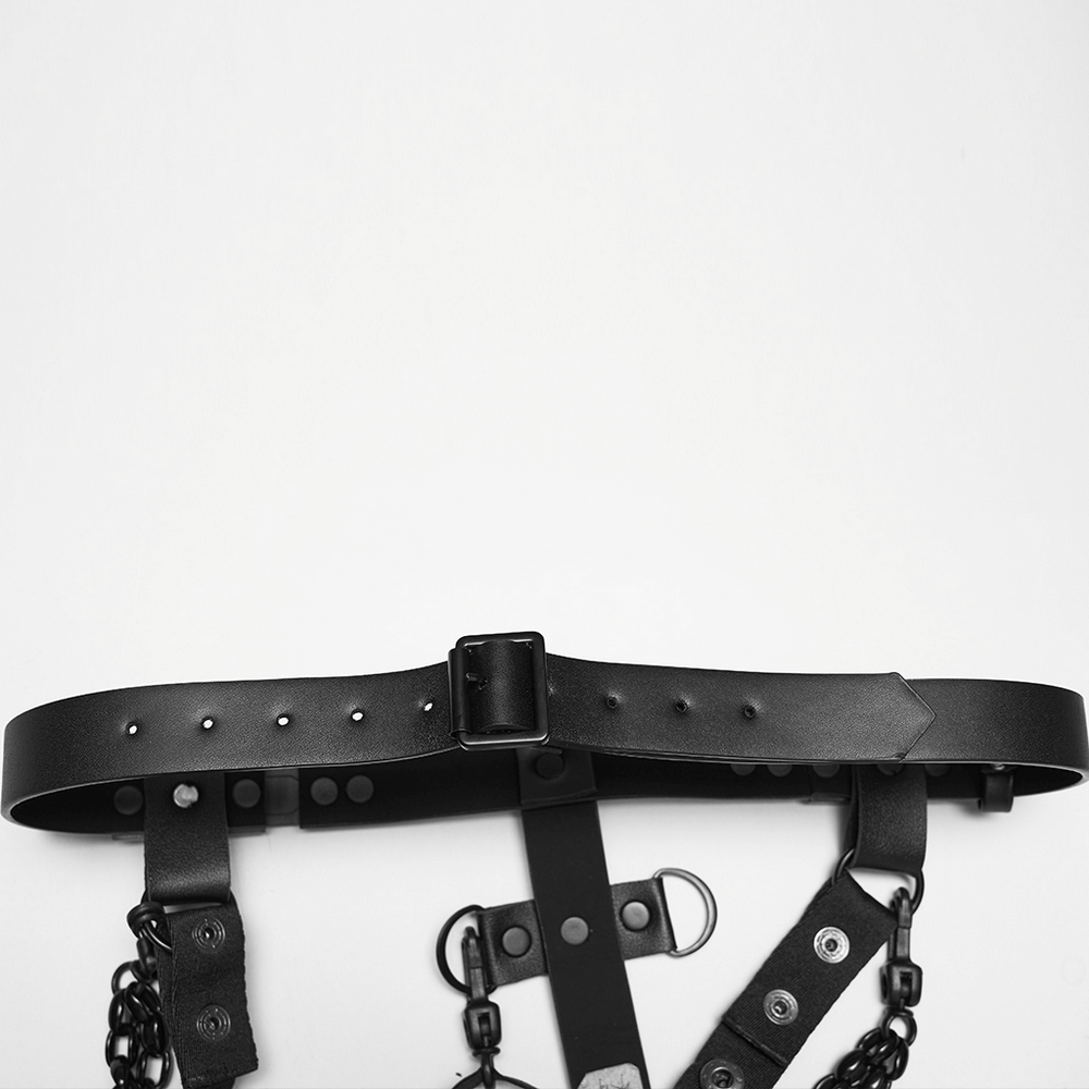 Faux Leather Cyberpunk Skeleton Harness with Chains showcasing edgy design and detailed hardware.