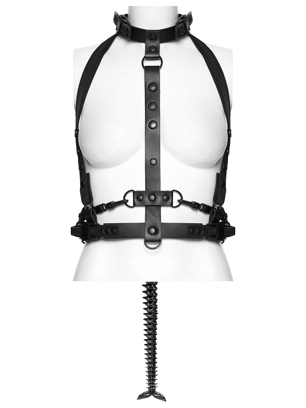 Faux Leather Cyberpunk Skeleton Harness with Chains displayed on a mannequin, showcasing its edgy design and unique hardware.