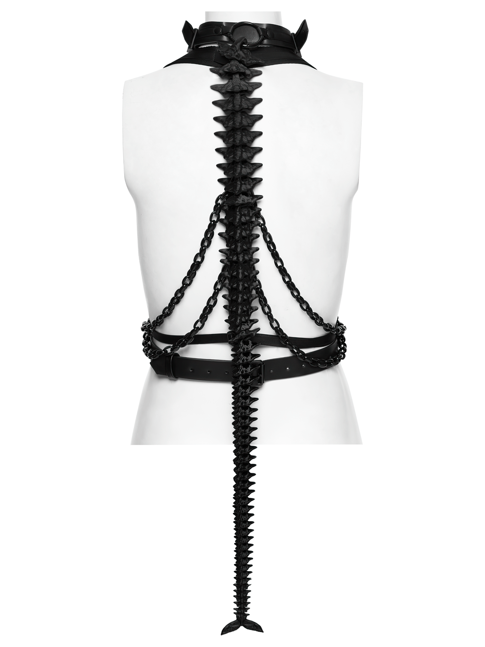 Faux Leather Cyberpunk Skeleton Harness with Chains featuring edgy spine design and dynamic chains for a punk look.