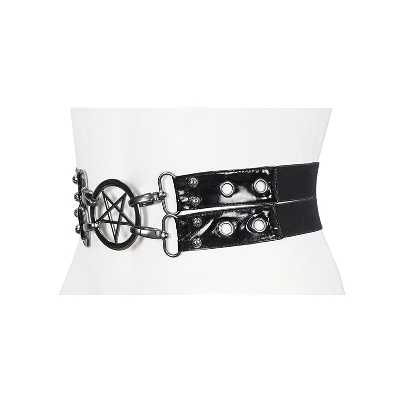 Gothic faux leather double-layer waistband belt featuring a bold pentagram buckle, perfect for edgy unisex style.