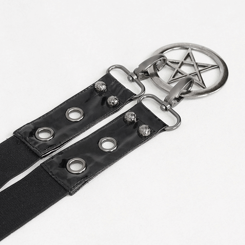 Gothic faux leather double-layer waistband belt featuring a pentagram buckle and edgy metal details.