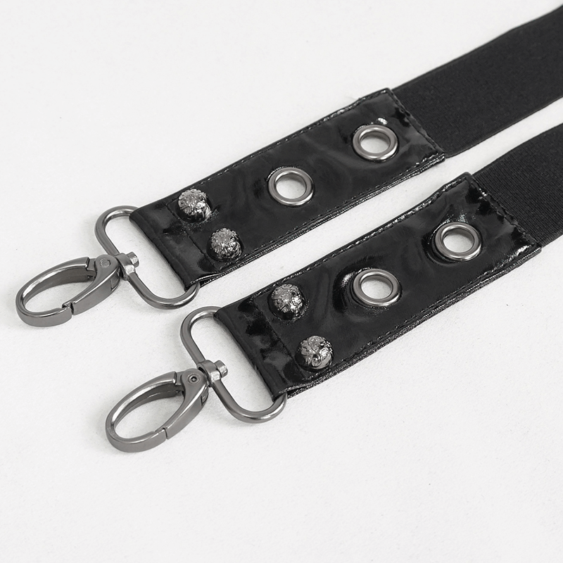 Close-up of Gothic faux leather double-layer belt straps with metallic clips and eyelets, featuring a sleek black design.