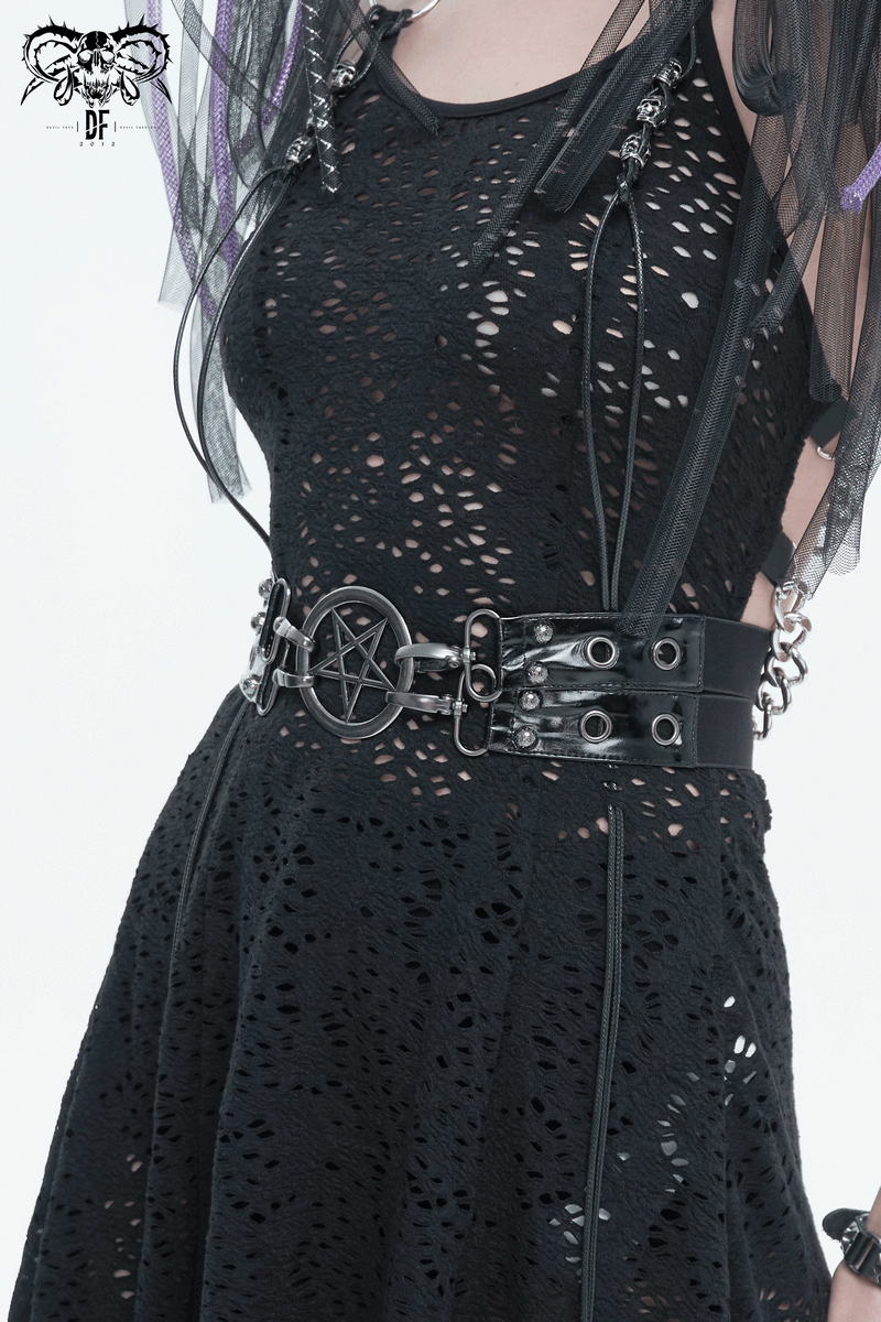 Gothic faux leather double-layer waistband belt with pentagram, perfect for a bold, edgy style in black attire.