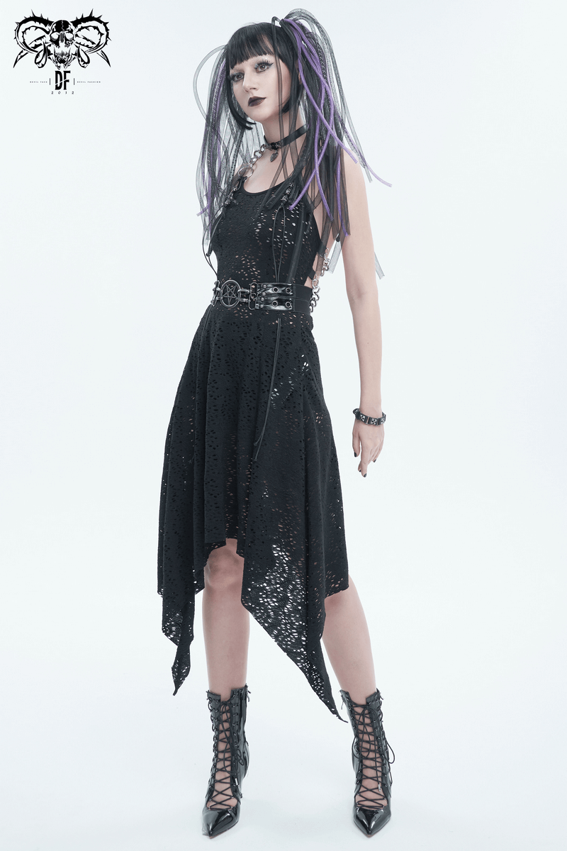 Gothic woman in black sequin dress with double-layer waistband belt and stylish lace-up boots, showcasing edgy fashion.