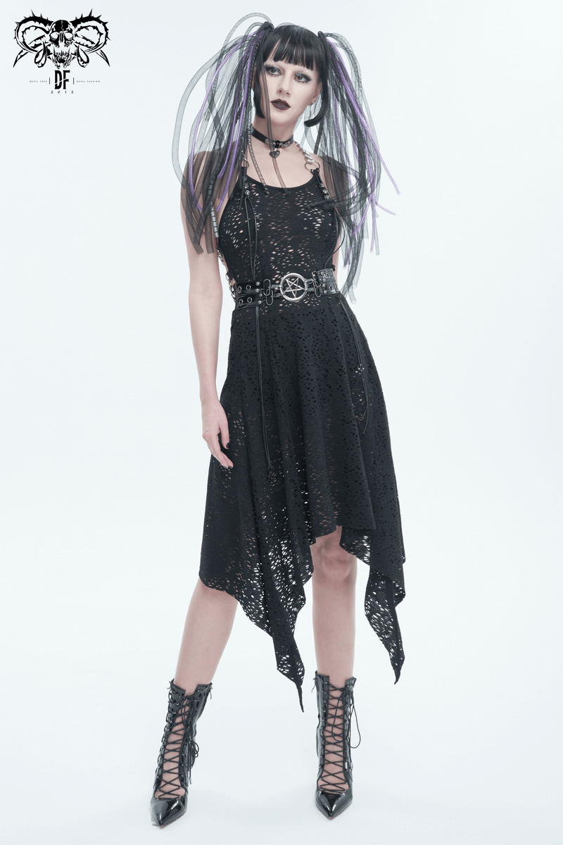 Gothic unisex model showcasing faux leather double-layer belt with pentagram, dressed in black with edgy lace dress.