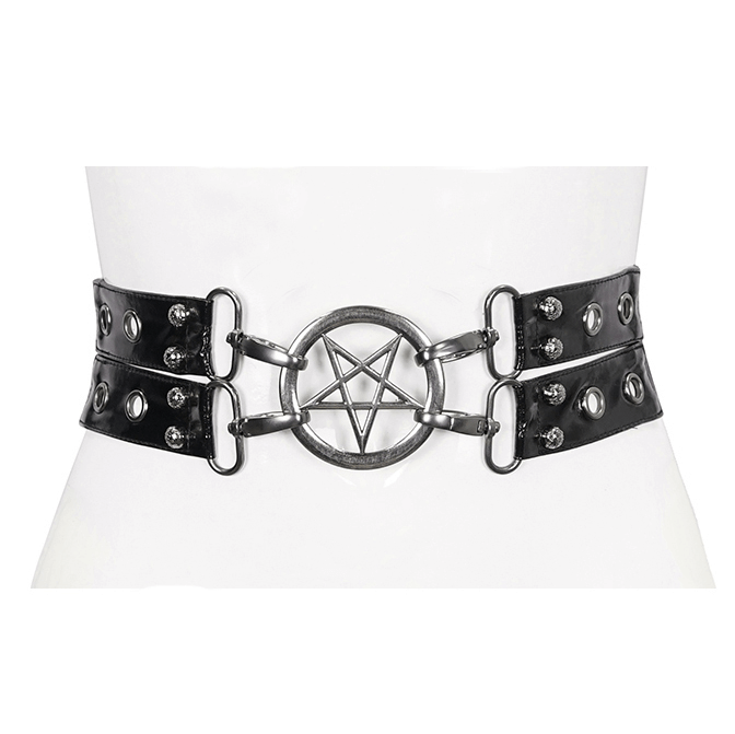 Gothic faux leather double layer belt with pentagram buckle, edgy unisex style for bold statement.