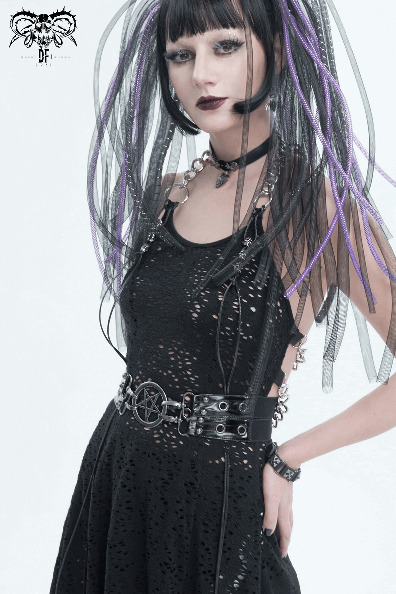 Gothic model showcasing faux leather double-layer belt with pentagram, emphasizing edgy unisex style and dark fashion.