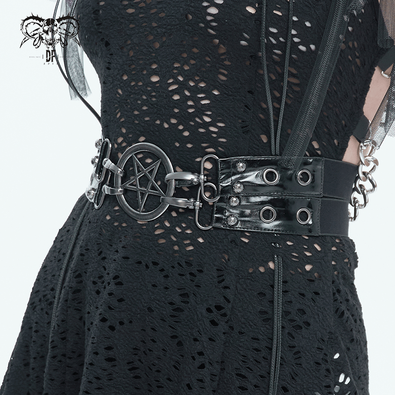 Gothic faux leather double-layer waistband belt with pentagram buckle, edgy unisex accessory for stylish individuals.