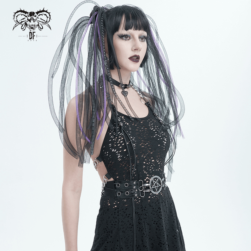 Gothic model wearing a black lace dress and a double-layer faux leather belt with a pentagram, showcasing edgy style.