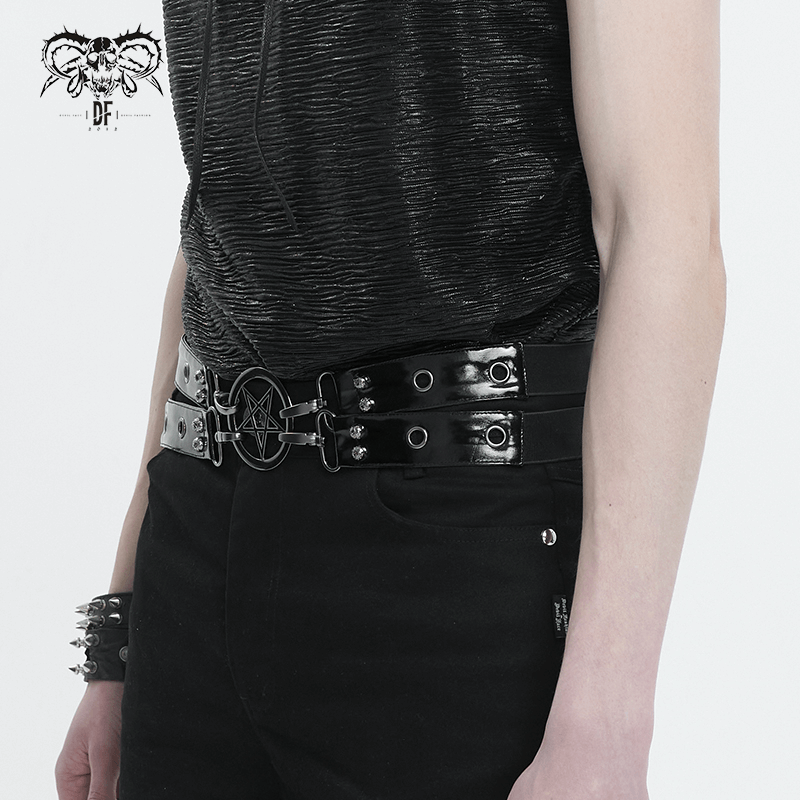 Gothic faux leather double-layer waistband belt with pentagram worn on a model, showcasing edgy unisex style.