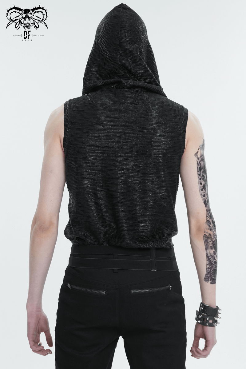 Back view of a model wearing a sleeveless black hoodie, showcasing edgy gothic fashion with a subtle texture.