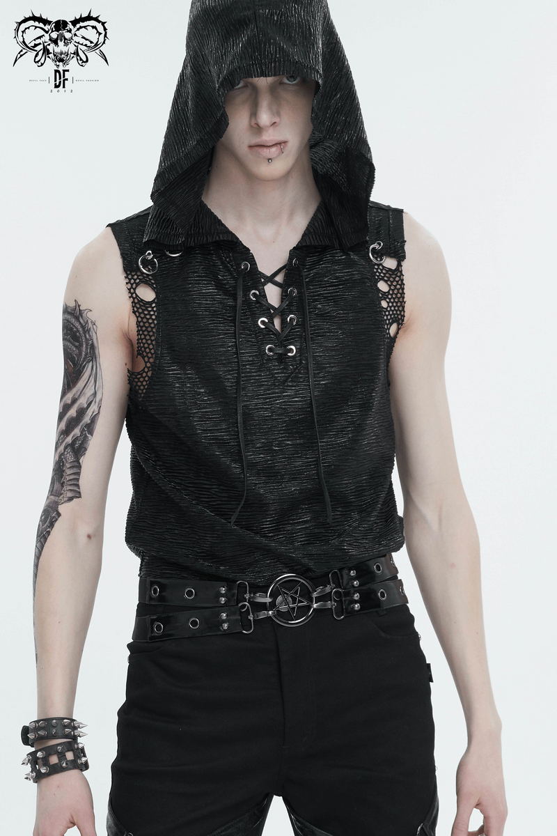 Gothic unisex model in sleeveless hooded top with pentagram belt, showcasing edgy dark fashion style.